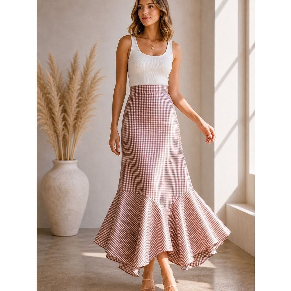 Brøgger Metallic Gingham Midi Skirt Designer Hem Pink M